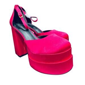 Forever Red Platform Chunky Heel Mary Jane Pumps Womens 6 Satin Ankle Strap NEW